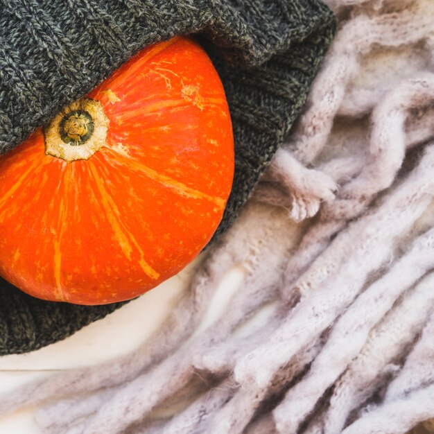 Composition with pumpkin and knitted hat