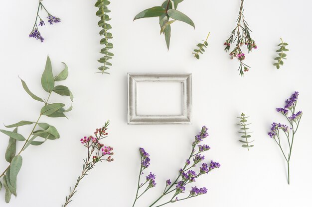 Composition with silver frame and plants