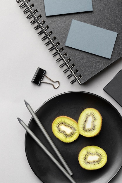 Composition with stationery elements on grey