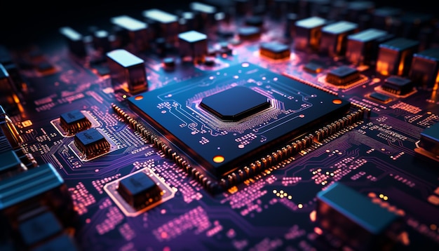 Foto gratuita il chip del computer collega i componenti elettrici che alimentano l'industria delle comunicazioni globali generati dall'intelligenza artificiale