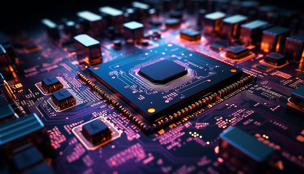 컴퓨터 칩은 인공 지능으로 생성된 글로벌 통신 산업을 지원하는 전기 부품을 연결합니다.
