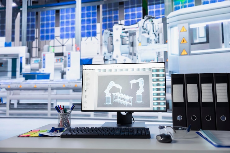 Free Photo computer desk in modern solar cells manufacturing plant