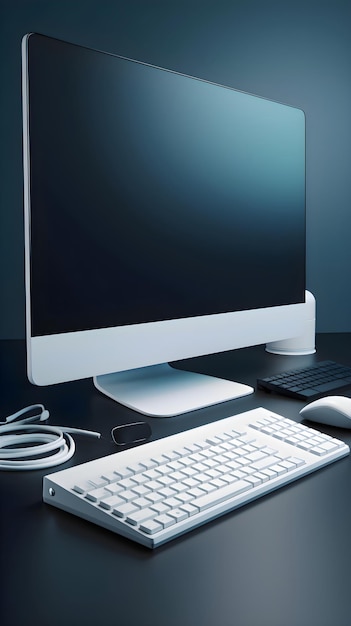 Display del computer con tastiera e mouse su tavolo nero rendering 3d