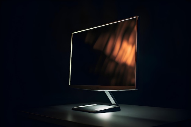 Foto gratuita monitor di computer con schermo vuoto sul tavolo in una stanza buia rendering 3d