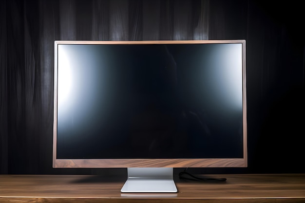 Free photo computer monitor with blank screen on wooden table in front of black curtain