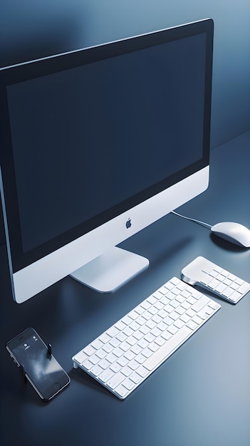 Free photo computer monitor with keyboard and mouse on the table 3d rendering