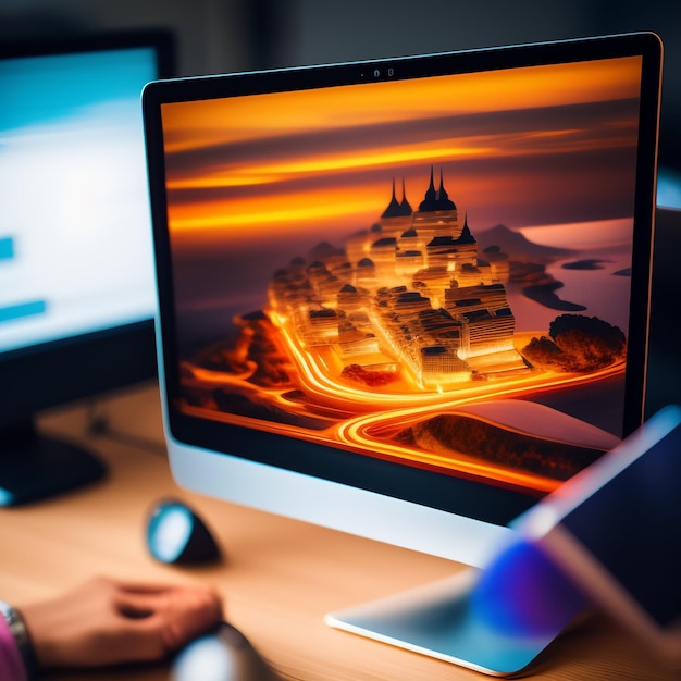 A computer monitor with a picture of a castle on it.