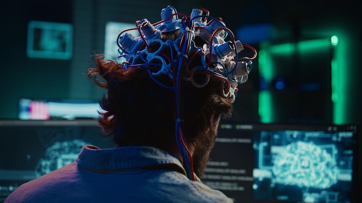 Free Photo computer scientist puts eeg headset on links brain to cyberspace