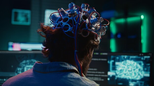 컴퓨터 과학자가 뇌와 사이버 공간을 연결하는 EEG 헤드을 착용합니다.