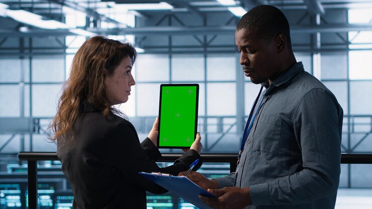 Free Photo computer scientists in data center use mockup tablet inspecting server rigs