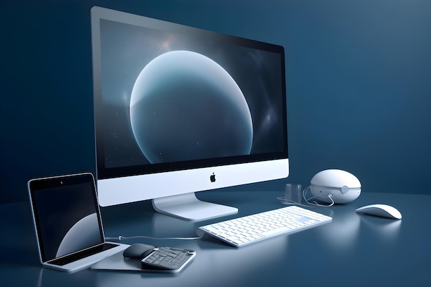 Free photo computer screen and mouse in blue room 3d rendering elements of this image furnished by nasa