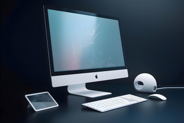 Free photo computer screen with white mouse and keyboard on dark background 3d rendering