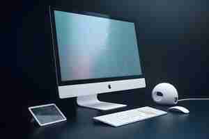 Free photo computer screen with white mouse and keyboard on dark background 3d rendering