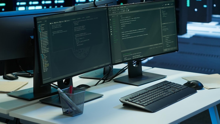 Free Photo computer screens on desk in advanced server hub