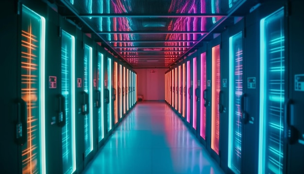 Computer servers in a row for network generated by AI