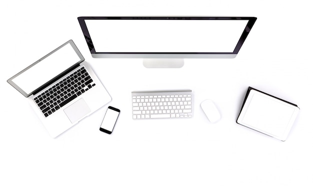 Computer, tablet, laptop and smart phone on a white background