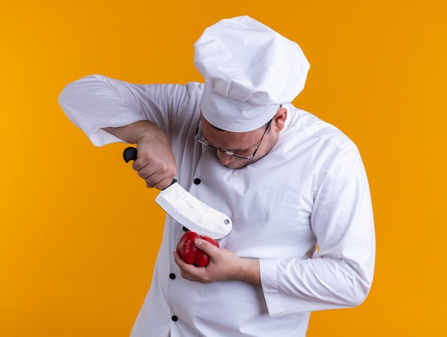 Concentrated adult male cook wearing chef uniform and glasses touching pepper with cleaver looking at pepper isolated on orange background