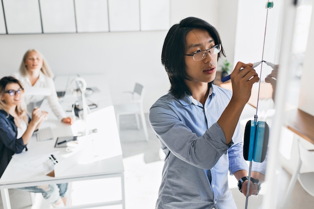 Concentrated asian manager drawing graph on flipchart during presentation. Indoor portrait of chinese office worker writing something on white board while his female colleagues watching.