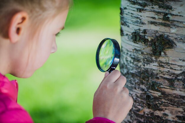 Concentrated girl analyzing a trunk