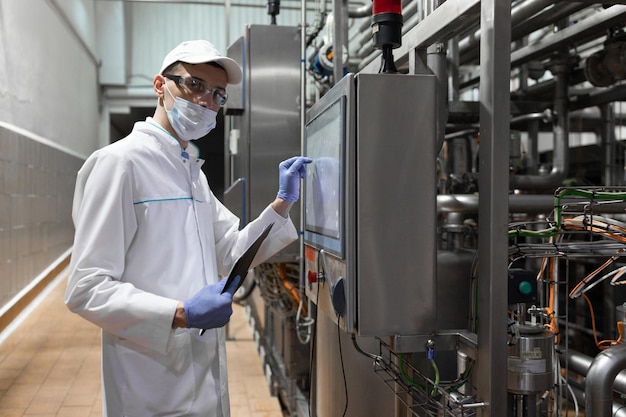 乳製品工場の生産部門に立ちながら、デジタルタブレットを活用して必要なメモをとる集中技術者検査官がチーズ工場の管理を行う