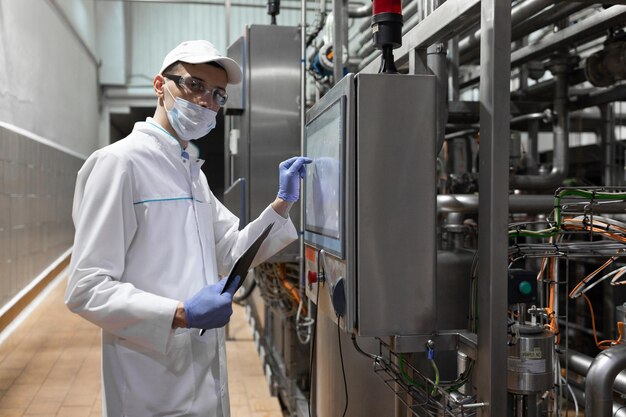 Сосредоточенный технолог делает необходимые записи с помощью цифрового планшета, стоя в производственном цехе молочного завода. Инспектор осуществляет контроль на сыроварне.