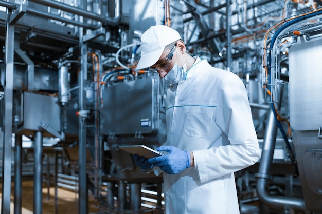 Concentrated technologist taking necessary notes with help of digital tablet while standing at production department of dairy factory inspector carries out control at the cheese factory