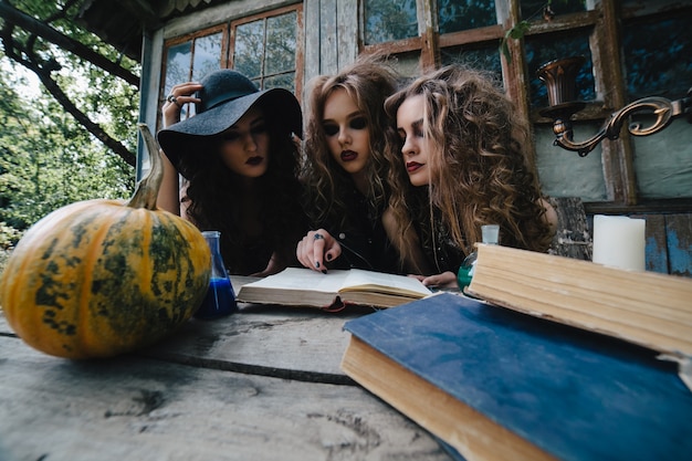 Free photo concentrated teenagers reading a witchcraft book