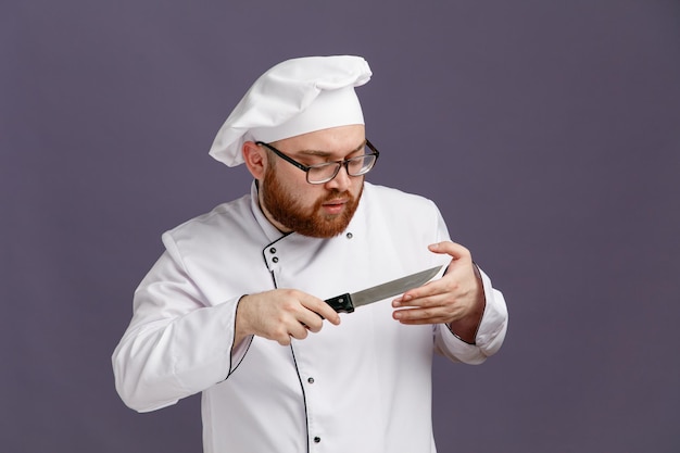 Concentrated young chef wearing glasses uniform and cap holding and looking at knife cutting his hand with knife isolated on purple background