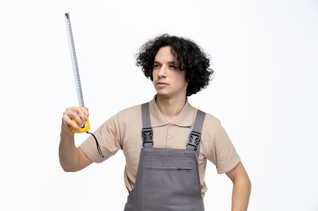 Concentrated young male construction worker wearing uniform holding and looking at measuring tape isolated on white background