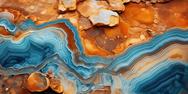 Concentric bands of azure and amber form an intricate mineral landscape