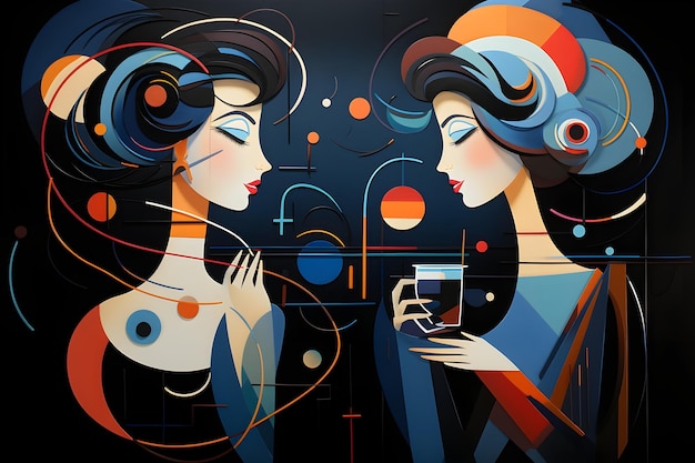 Free photo concept art of kandinsky style beautiful women drinking coffee illustration