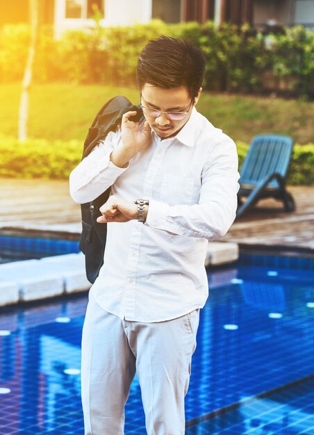 Concept business  handsome asian business man ready to go for work