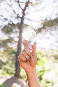 Concept hand holding glass bulb