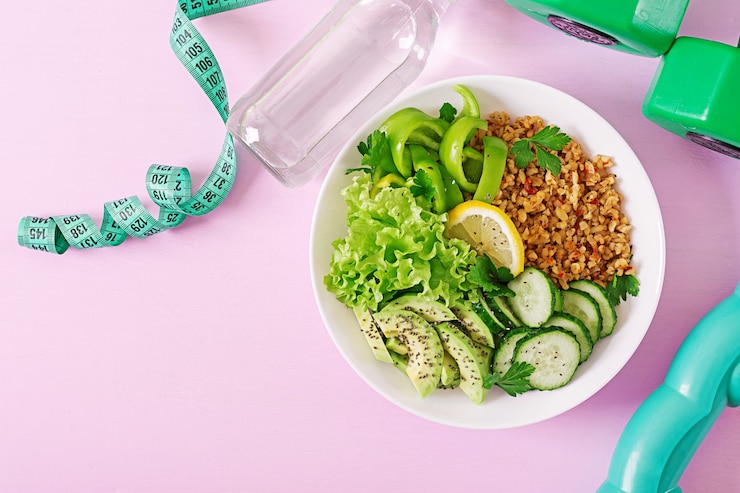 Free Photo concept healthy food and sports lifestyle. vegetarian lunch. healthy eating. proper nutrition. top view. flat lay.
