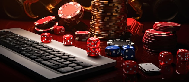 Foto gratuita il concetto di scommesse su internet illustrato con un portatile di gioco d'azzardo chip e dadi per attività di casinò online