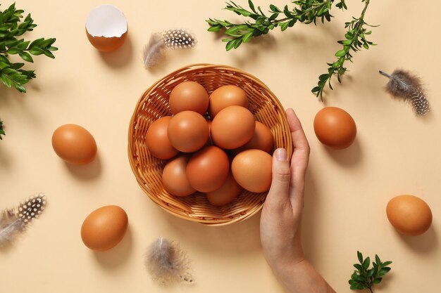 Concept of natural farm product eggs top view