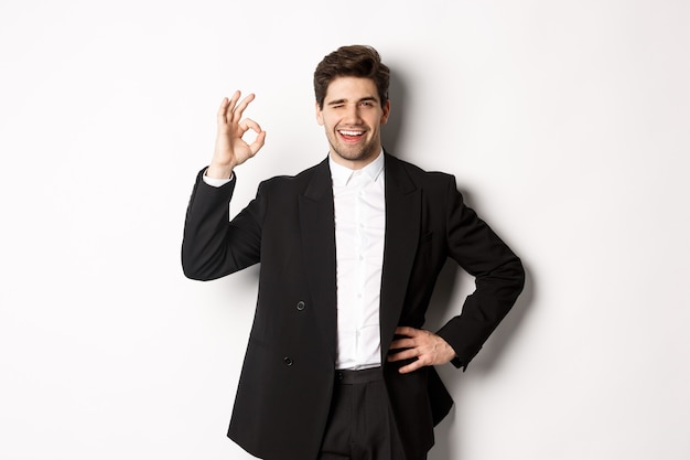 Free photo concept of new year party, celebration and lifestyle. portrait of confident, successful businessman in suit, showing okay sign and winking, approve something good, white background.