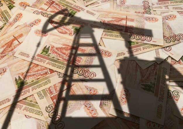 Concept of selling minerals for russian rubles the shadow of the oil rig against the background of russian money earn money from mining gas and oil energy resources Premium Photo