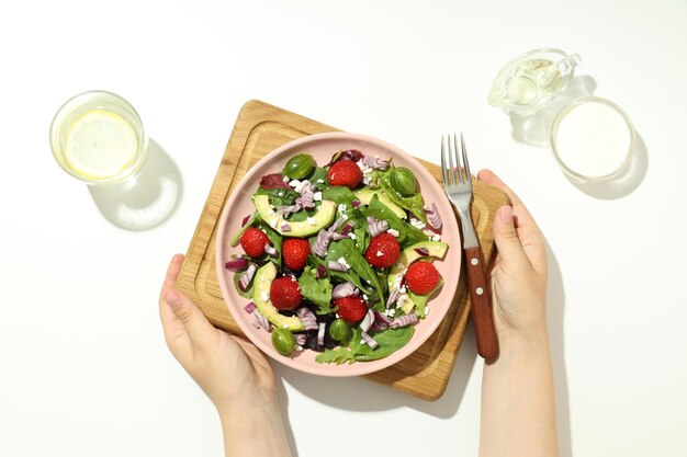 Concept of tasty food salad with strawberry top view