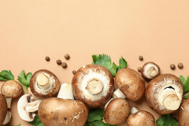 Concept of tasty food with champignon on beige