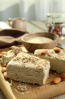 Concept of tasty food with halva, close up