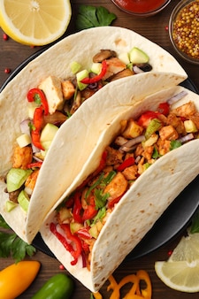 Concept of tasty food with taco close up