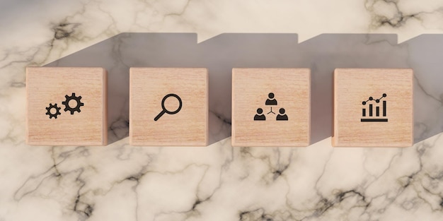 Free photo conceptual business illustration with wooden blocks and icons on marble background