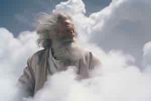 Бесплатное фото Концептуальная сцена с людьми в небе, окруженными облаками с мечтательным чувством.