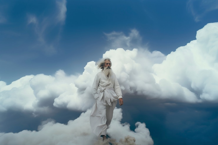 Free Photo conceptual scene with people in the sky surrounded by clouds with  dreamy feeling