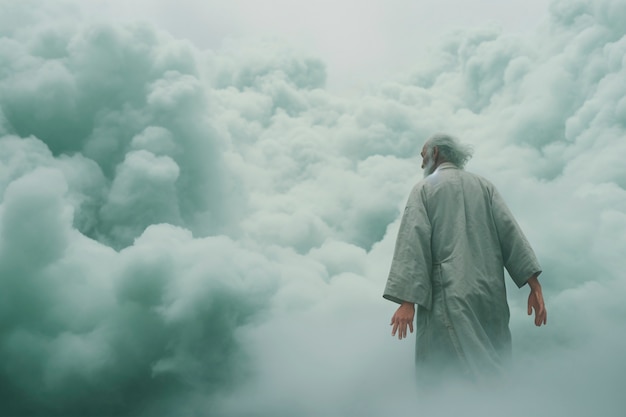 Foto gratuita scena concettuale con persone nel cielo circondate da nuvole con sensazioni da sogno