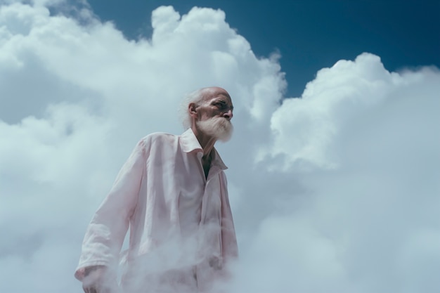 Conceptual scene with people in the sky surrounded by clouds with  dreamy feeling