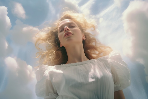 Foto gratuita scena concettuale con persone nel cielo circondate da nuvole con sensazioni da sogno