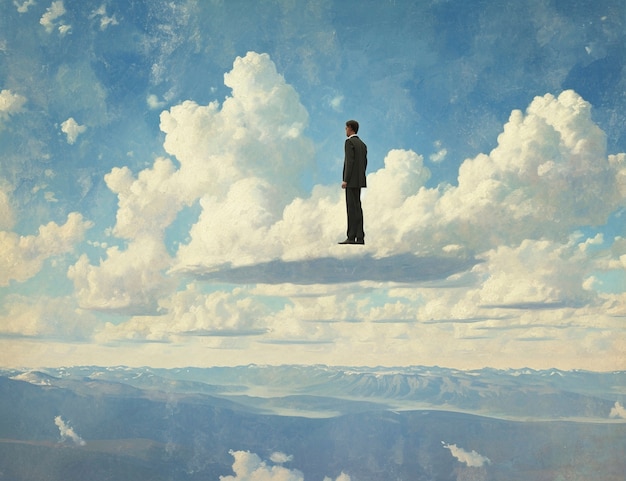 Conceptual scene with people walking through the clouds