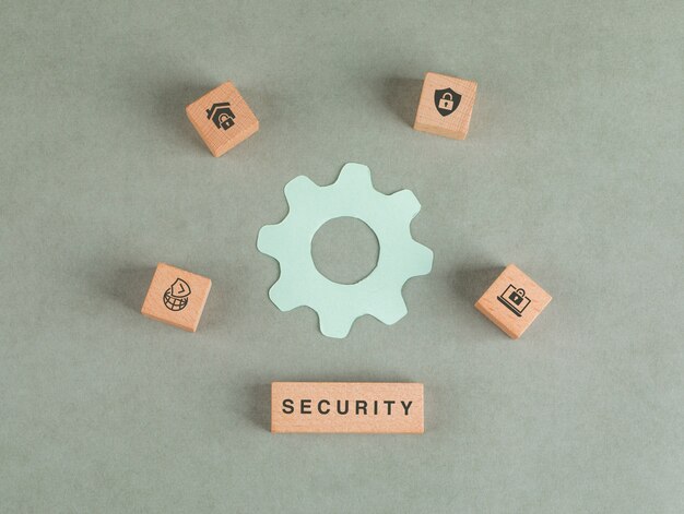 Conceptual of security with wooden blocks, paper settings icon.